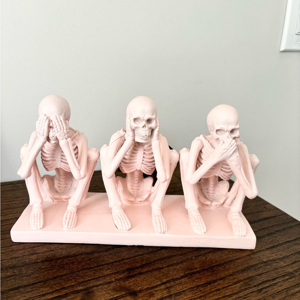 🩷💀 PASTEL PINK Hear No Evil Skeletons Halloween Decor NEW